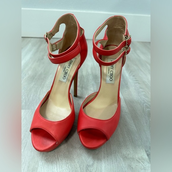 Jimmy Choo Red Leather Double Ankle Strap Open Toe Pumps 36/5.5-6 - Picture 2 of 7
